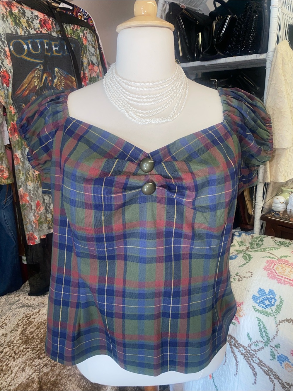 Modcloth x Collectif -vintage repro top- Plaid -Sweetheart -Puff-Sleeve size 24
